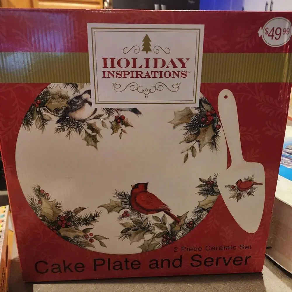 New holiday cake platter set 12” Round Cardinal Cake Plate With Cake Server A3
